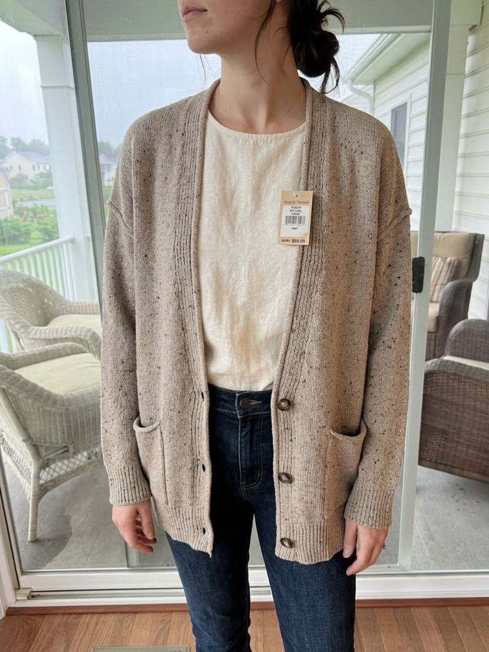 Hem & Thread Exterior Seams Speckled grandpa Cardigan #32663 Neutral Large NWT